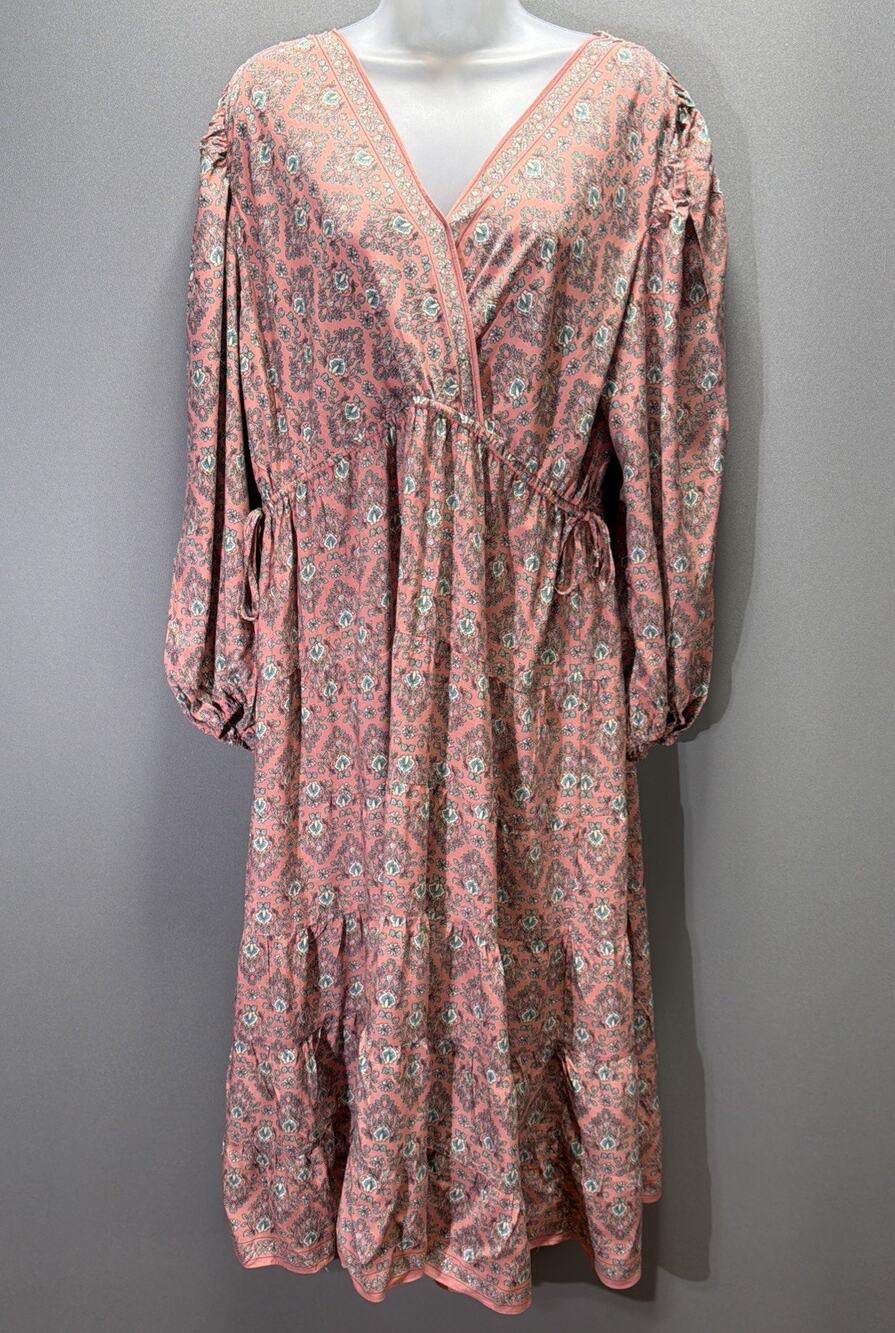 Max Studio Dusty Pink Floral Midi Dress XL With Faux Wrap Bodice Cottagecore
